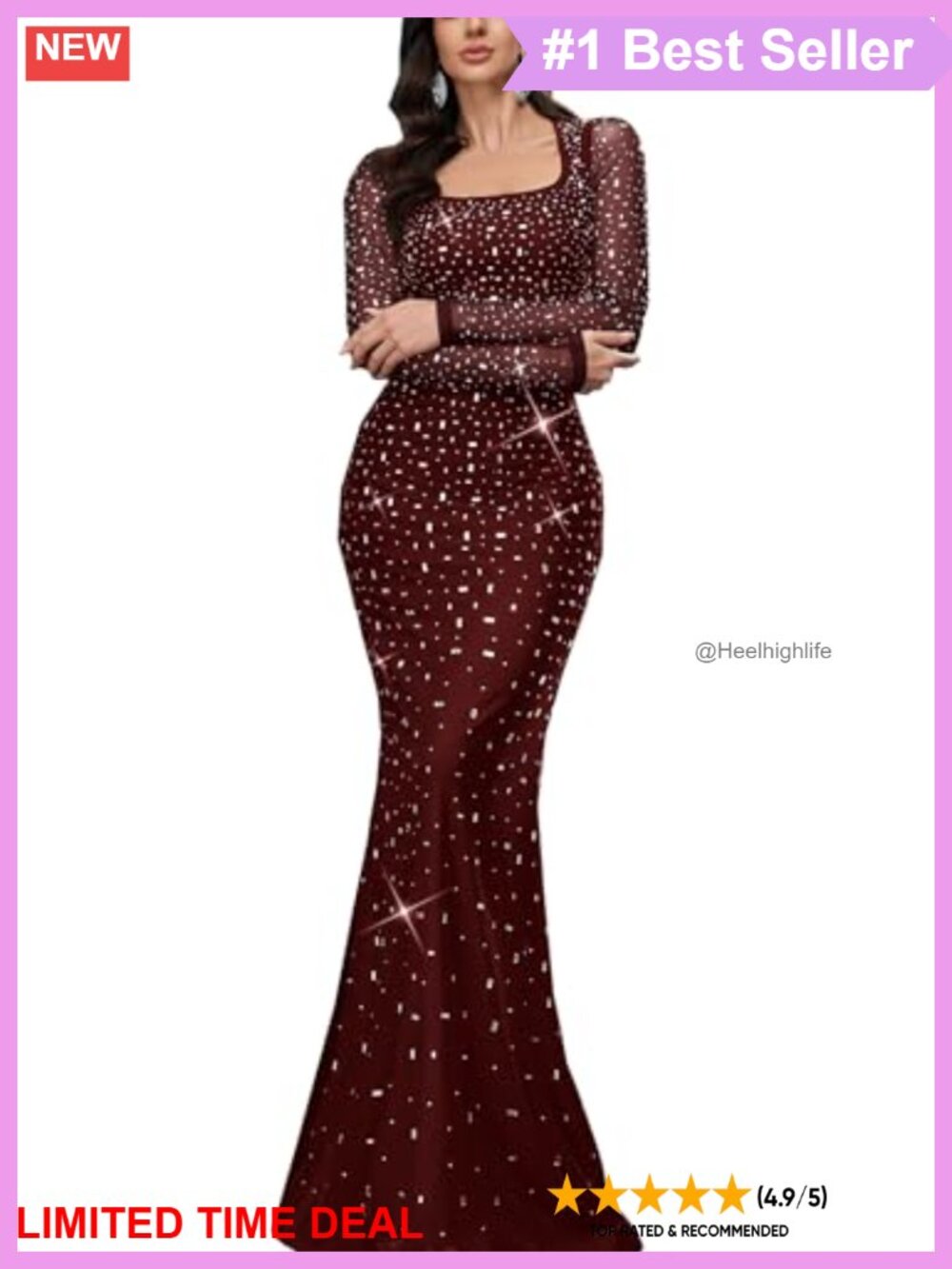 Rhinestone Sequin Mermaid Prom Evening Gown Long Sleeve Formal Dress